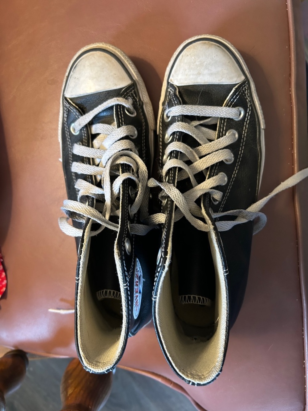 Black leather converse high tops, unisex, W8.5